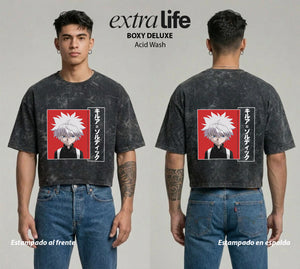 Playera streetwear premium de anime y gaming ExtraLife MX, corte boxy deluxe mineral wash heavyweight en color Acid Wash, moda urbana mexicana de culto.
