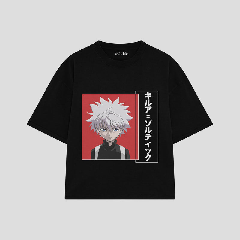 Playera streetwear premium de anime y gaming ExtraLife MX, corte boxy oversized drop shoulder heavyweight en color Deep Black y Off-White, moda urbana mexicana de culto.