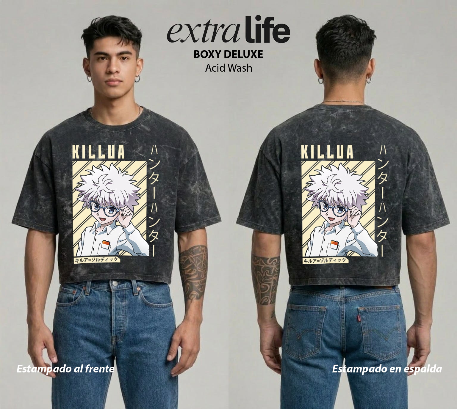 Playera streetwear premium de anime y gaming ExtraLife MX, corte boxy deluxe mineral wash heavyweight en color Acid Wash, moda urbana mexicana de culto.