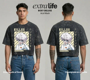 Playera streetwear premium de anime y gaming ExtraLife MX, corte boxy deluxe mineral wash heavyweight en color Acid Wash, moda urbana mexicana de culto.