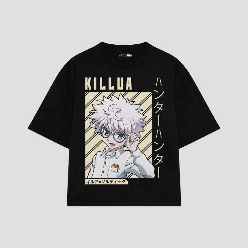 Playera streetwear premium de anime y gaming ExtraLife MX, corte boxy oversized drop shoulder heavyweight en color Deep Black y Off-White, moda urbana mexicana de culto.