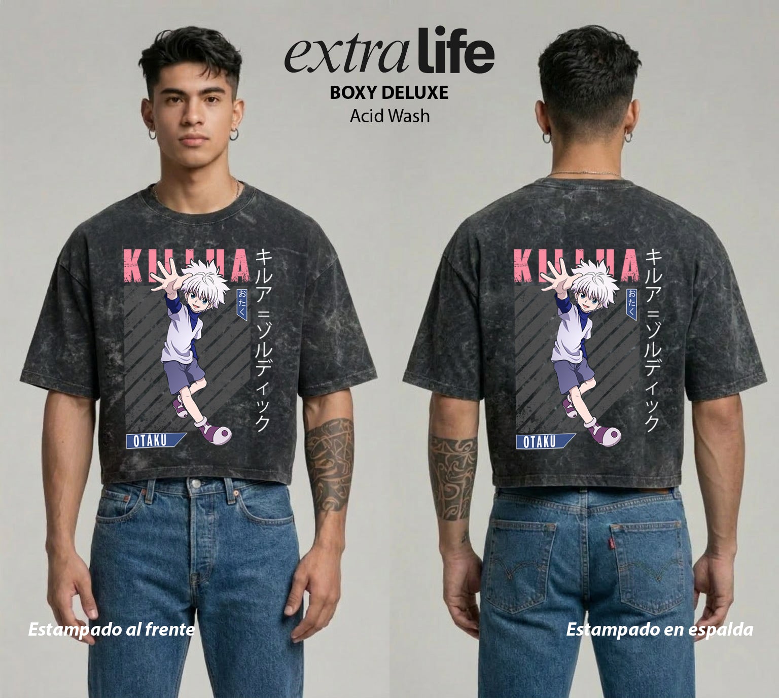 Playera streetwear premium de anime y gaming ExtraLife MX, corte boxy deluxe mineral wash heavyweight en color Acid Wash, moda urbana mexicana de culto.