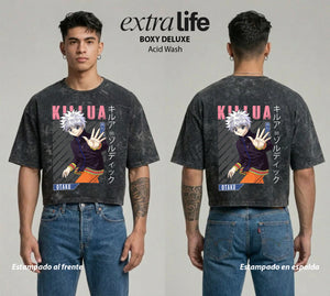 Playera streetwear premium de anime y gaming ExtraLife MX, corte boxy deluxe mineral wash heavyweight en color Acid Wash, moda urbana mexicana de culto.