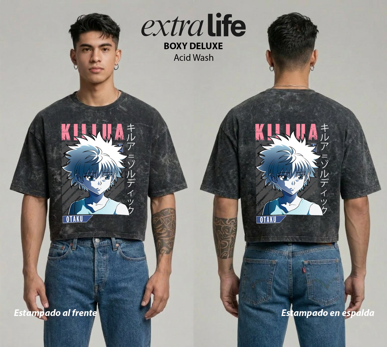 Playera streetwear premium de anime y gaming ExtraLife MX, corte boxy deluxe mineral wash heavyweight en color Acid Wash, moda urbana mexicana de culto.
