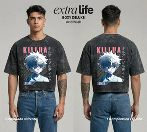 Playera streetwear premium de anime y gaming ExtraLife MX, corte boxy deluxe mineral wash heavyweight en color Acid Wash, moda urbana mexicana de culto.