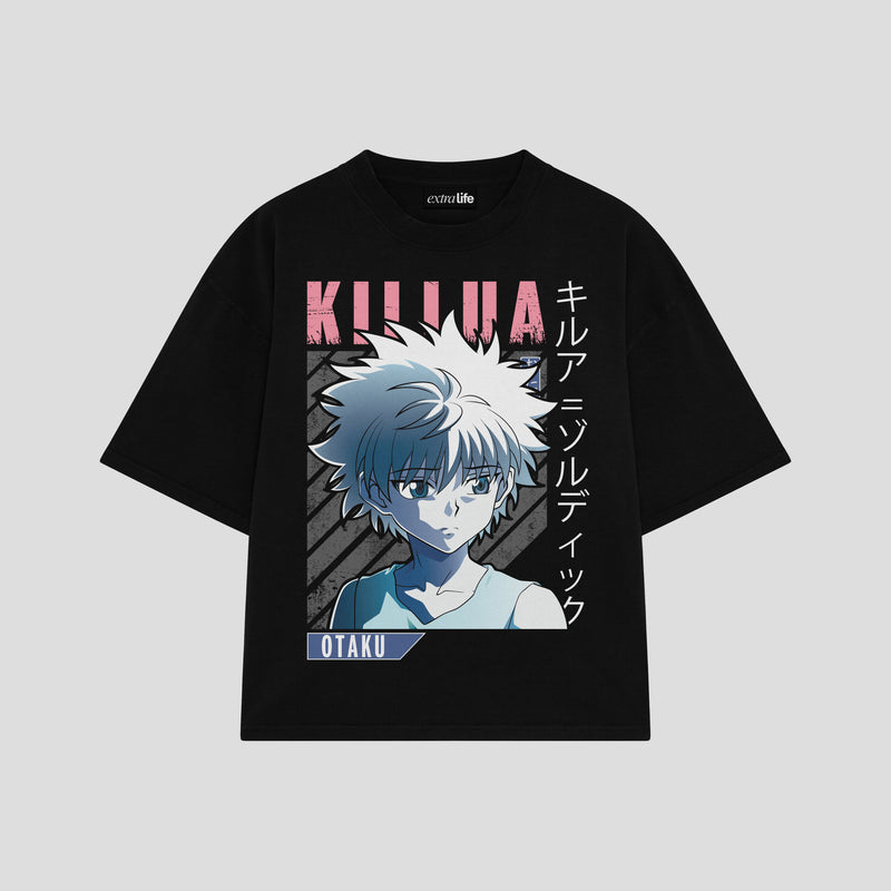 Playera streetwear premium de anime y gaming ExtraLife MX, corte boxy oversized drop shoulder heavyweight en color Deep Black y Off-White, moda urbana mexicana de culto.