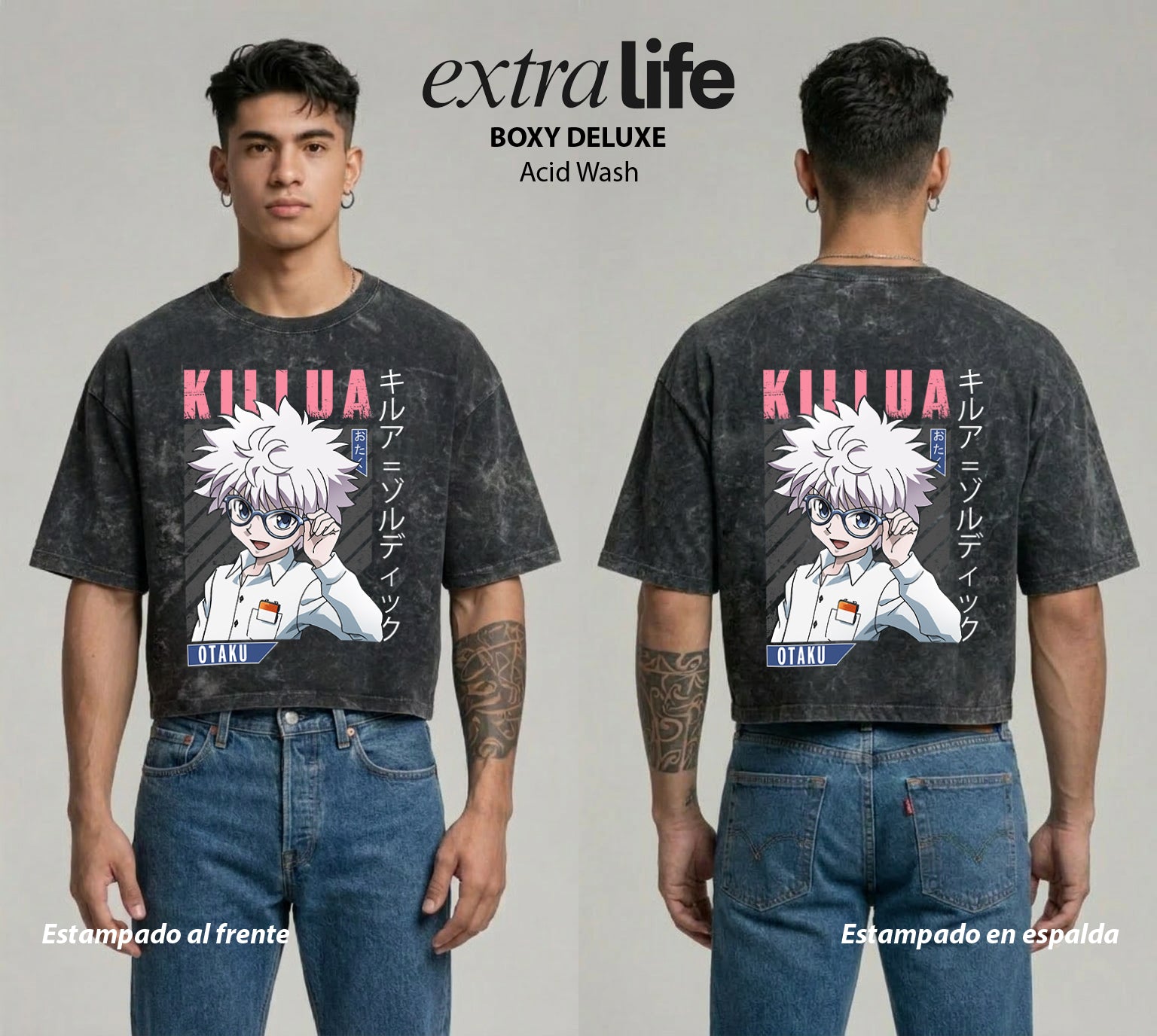 Playera streetwear premium de anime y gaming ExtraLife MX, corte boxy deluxe mineral wash heavyweight en color Acid Wash, moda urbana mexicana de culto.