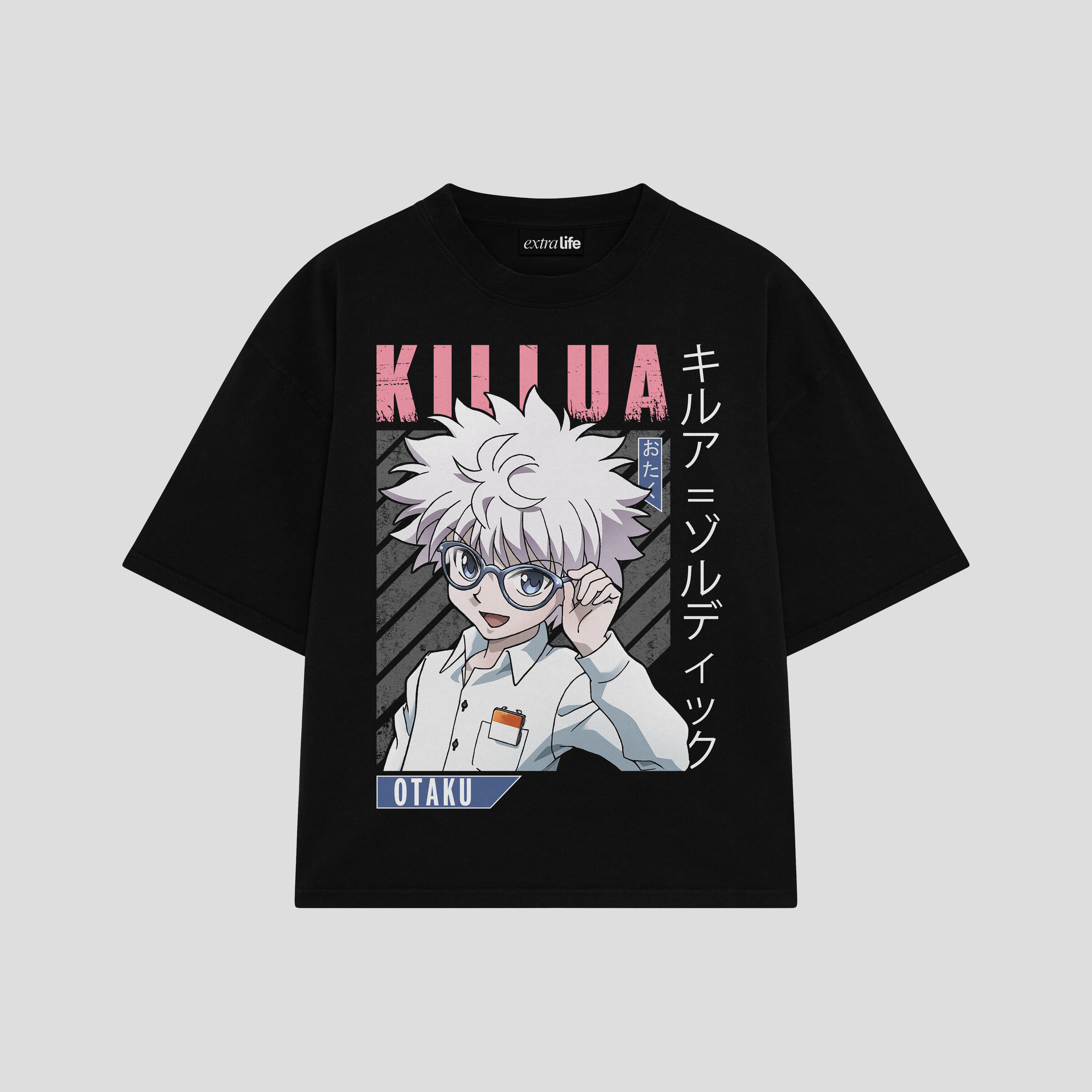 Playera streetwear premium de anime y gaming ExtraLife MX, corte boxy oversized drop shoulder heavyweight en color Deep Black y Off-White, moda urbana mexicana de culto.