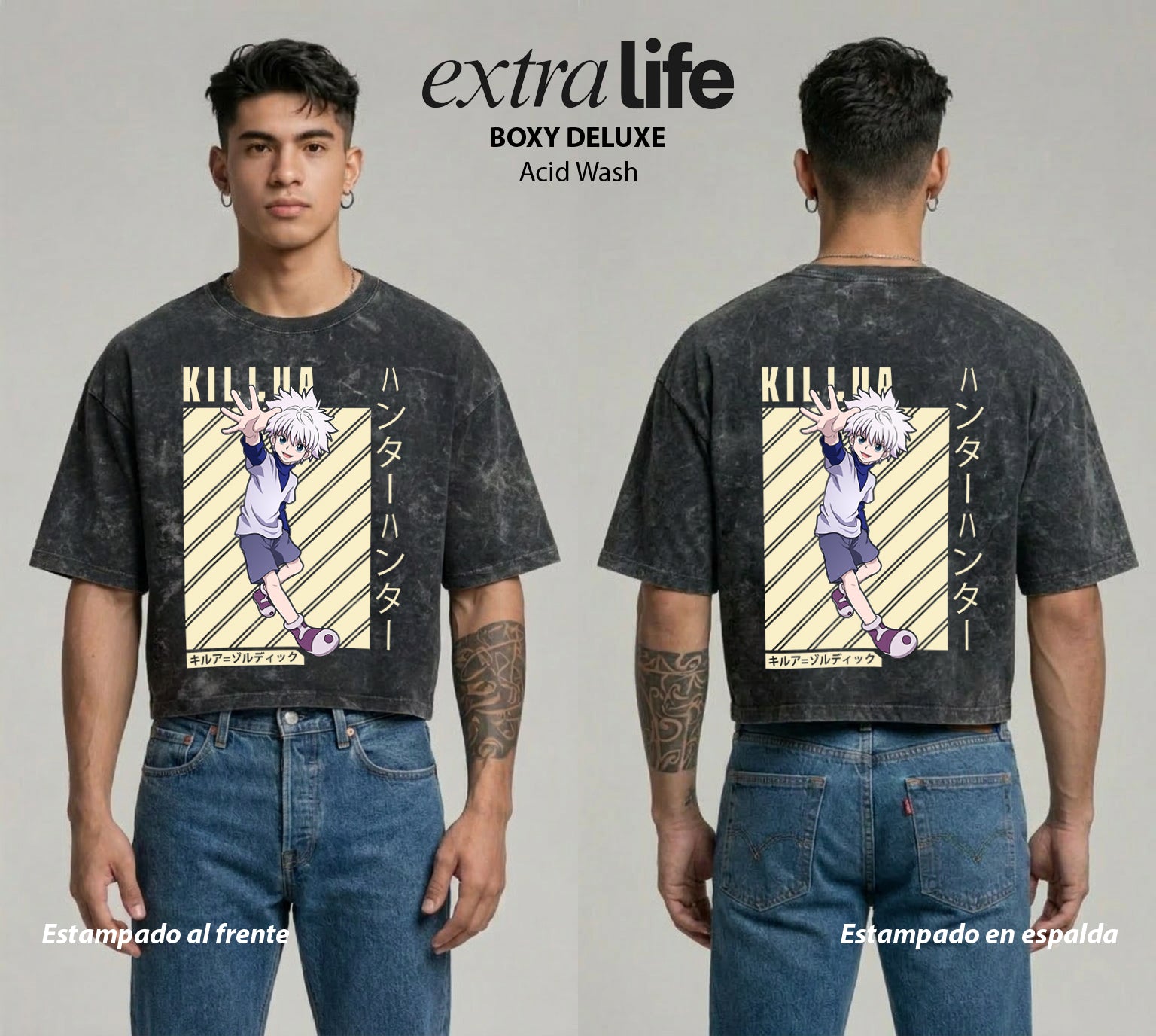 Playera streetwear premium de anime y gaming ExtraLife MX, corte boxy deluxe mineral wash heavyweight en color Acid Wash, moda urbana mexicana de culto.