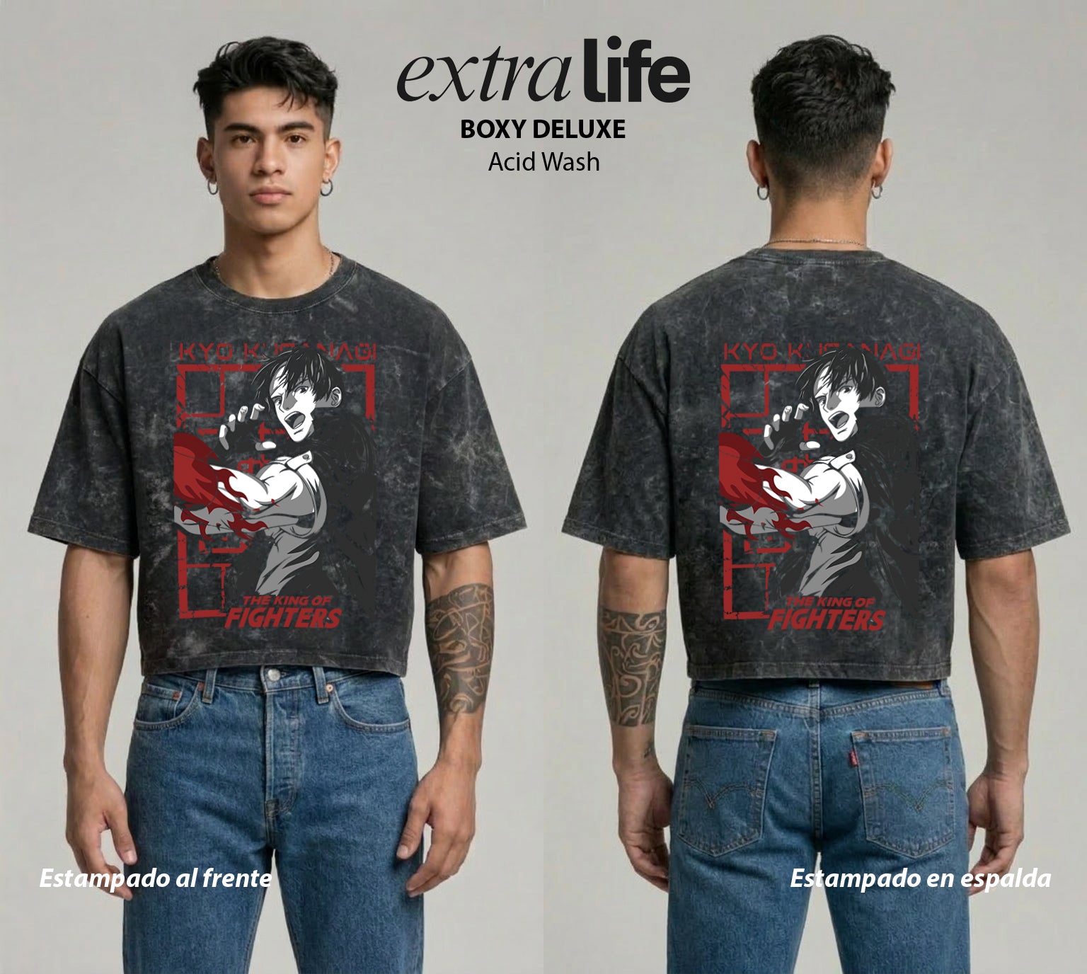 Playera streetwear premium de anime y gaming ExtraLife MX, corte boxy deluxe mineral wash heavyweight en color Acid Wash, moda urbana mexicana de culto.
