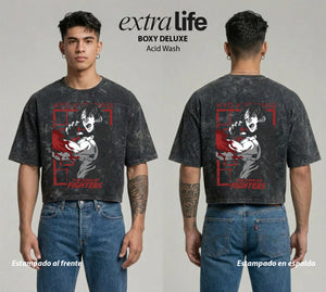 Playera streetwear premium de anime y gaming ExtraLife MX, corte boxy deluxe mineral wash heavyweight en color Acid Wash, moda urbana mexicana de culto.