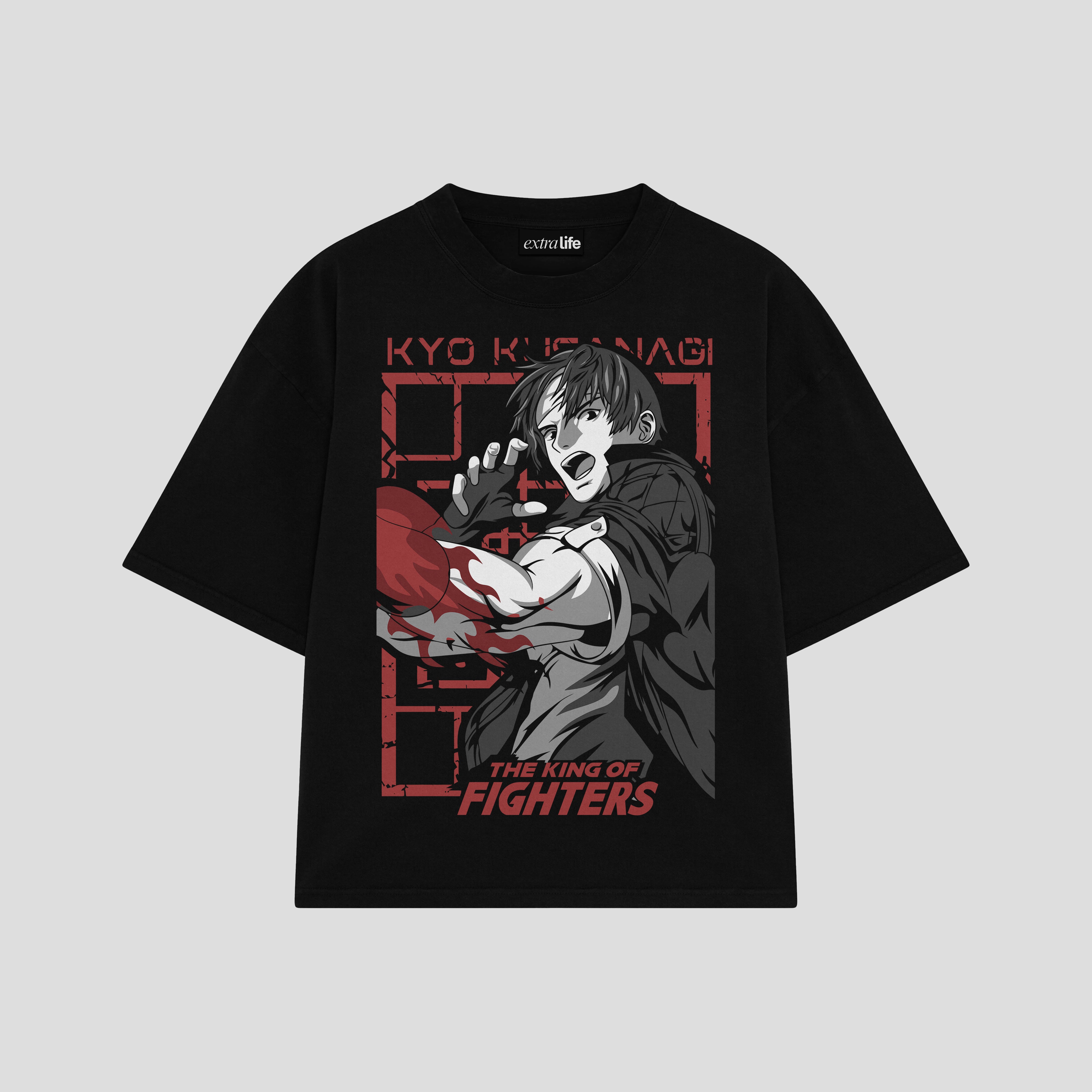 Playera streetwear premium de anime y gaming ExtraLife MX, corte boxy oversized drop shoulder heavyweight en color Deep Black y Off-White, moda urbana mexicana de culto.