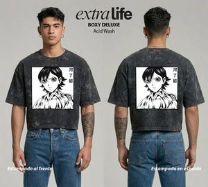 Playera streetwear premium de anime y gaming ExtraLife MX, corte boxy deluxe mineral wash heavyweight en color Acid Wash, moda urbana mexicana de culto.