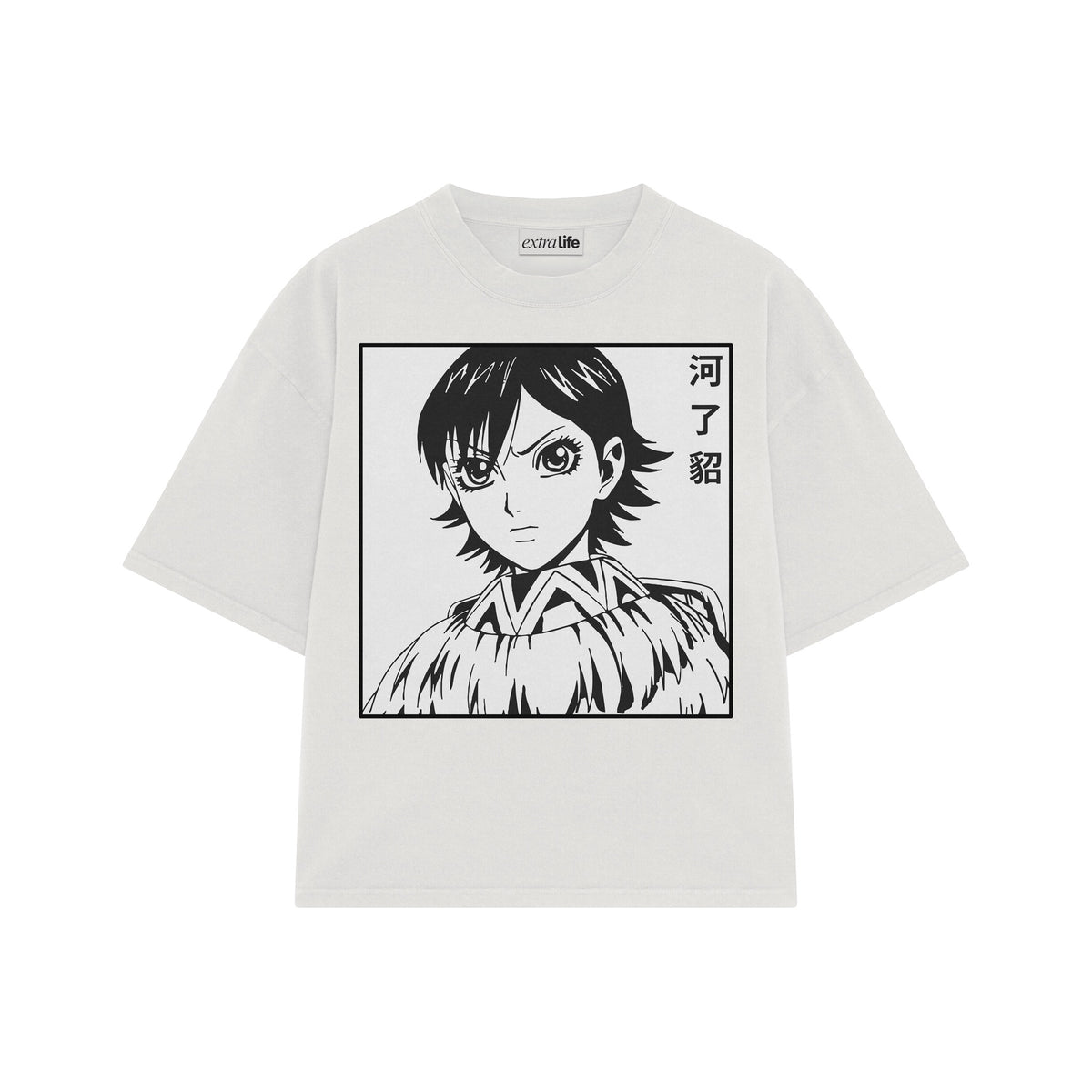 Playera streetwear premium de anime y gaming ExtraLife MX, corte oversized drop shoulder ligero y fresco en color Deep Black y Off-White, moda urbana mexicana de culto.