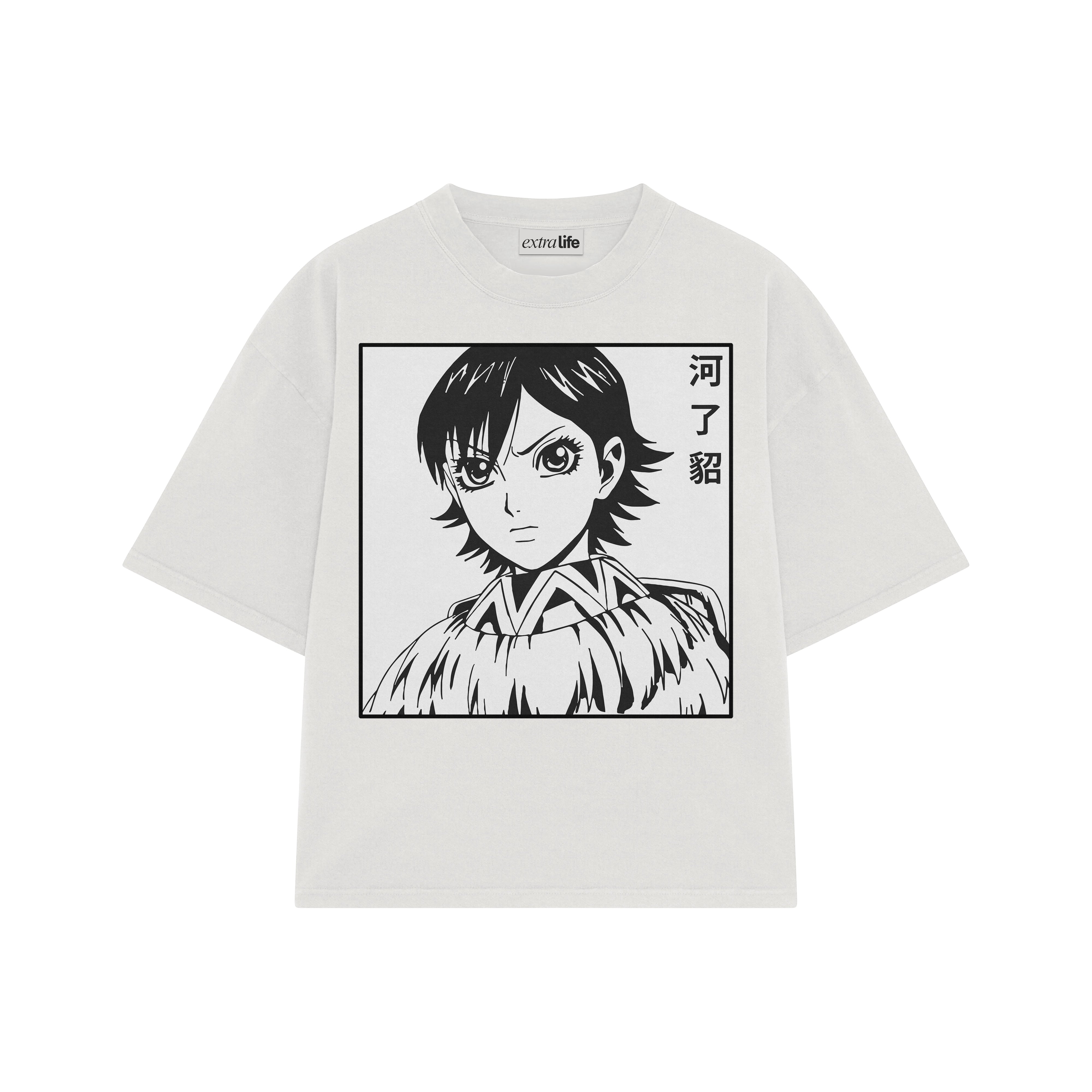 Playera streetwear premium de anime y gaming ExtraLife MX, corte boxy oversized drop shoulder heavyweight en color Deep Black y Off-White, moda urbana mexicana de culto.