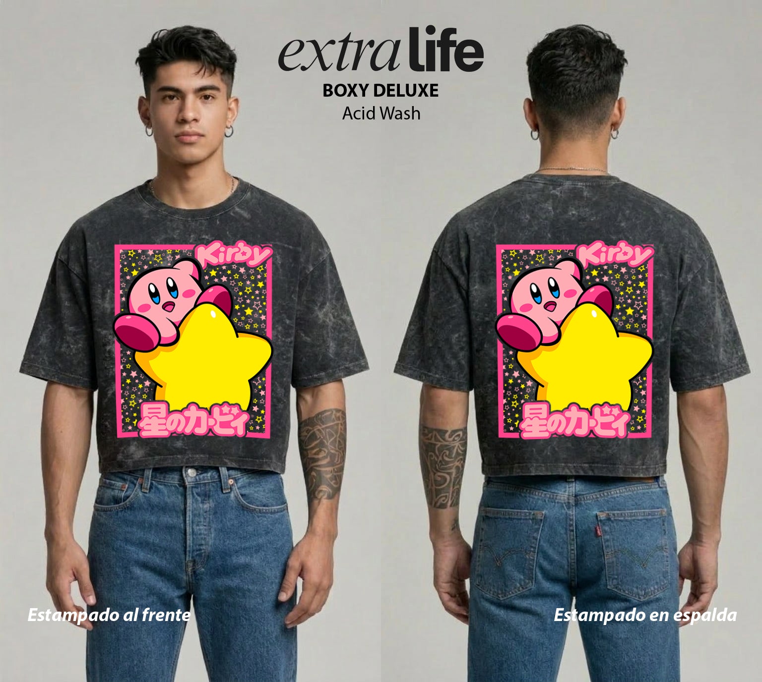 Playera streetwear premium de anime y gaming ExtraLife MX, corte boxy deluxe mineral wash heavyweight en color Acid Wash, moda urbana mexicana de culto.