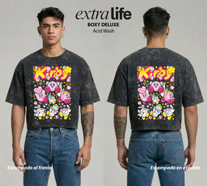 Playera streetwear premium de anime y gaming ExtraLife MX, corte boxy deluxe mineral wash heavyweight en color Acid Wash, moda urbana mexicana de culto.