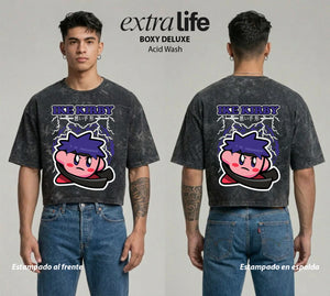 Playera streetwear premium de anime y gaming ExtraLife MX, corte boxy deluxe mineral wash heavyweight en color Acid Wash, moda urbana mexicana de culto.