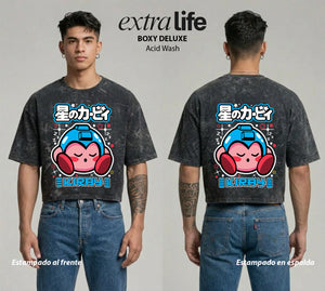 Playera streetwear premium de anime y gaming ExtraLife MX, corte boxy deluxe mineral wash heavyweight en color Acid Wash, moda urbana mexicana de culto.