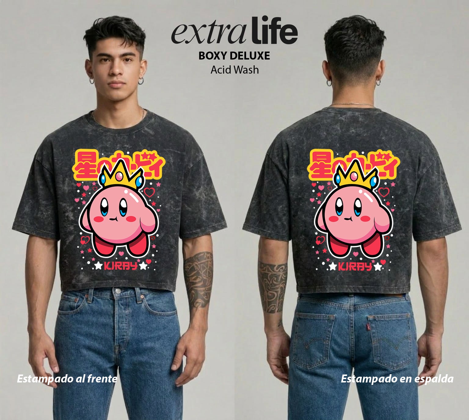 Playera streetwear premium de anime y gaming ExtraLife MX, corte boxy deluxe mineral wash heavyweight en color Acid Wash, moda urbana mexicana de culto.