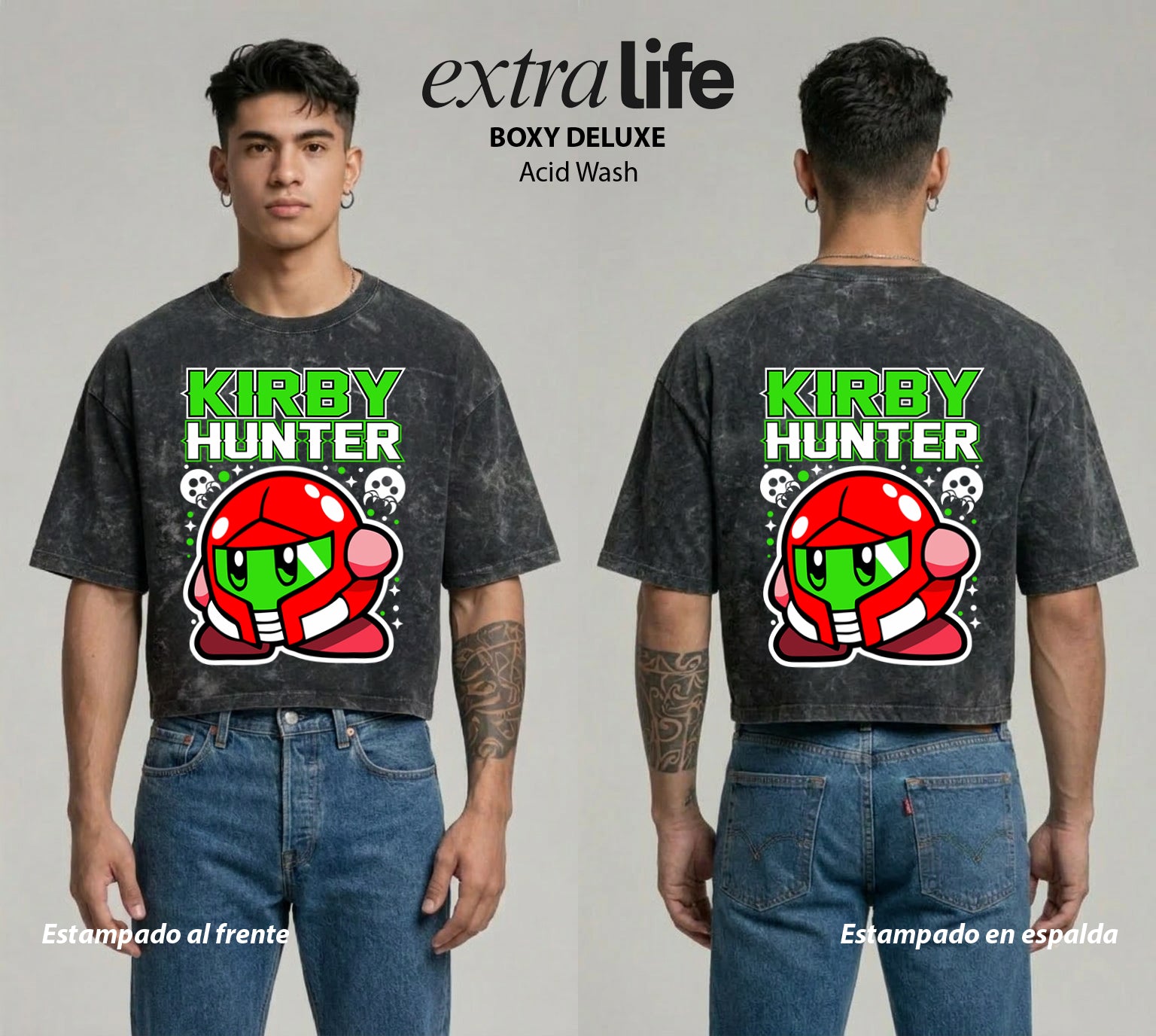 Playera streetwear premium de anime y gaming ExtraLife MX, corte boxy deluxe mineral wash heavyweight en color Acid Wash, moda urbana mexicana de culto.