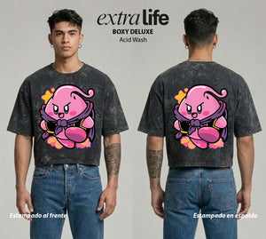Playera streetwear premium de anime y gaming ExtraLife MX, corte boxy deluxe mineral wash heavyweight en color Acid Wash, moda urbana mexicana de culto.