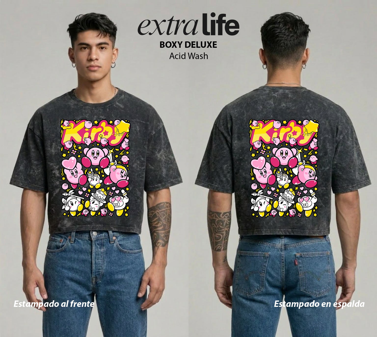 Playera streetwear premium de anime y gaming ExtraLife MX, corte boxy deluxe mineral wash heavyweight en color Acid Wash, moda urbana mexicana de culto.