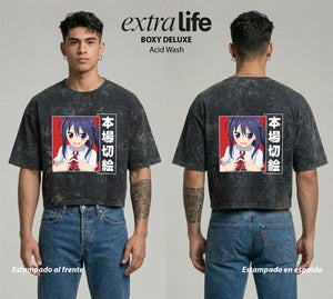 Playera streetwear premium de anime y gaming ExtraLife MX, corte boxy deluxe mineral wash heavyweight en color Acid Wash, moda urbana mexicana de culto.