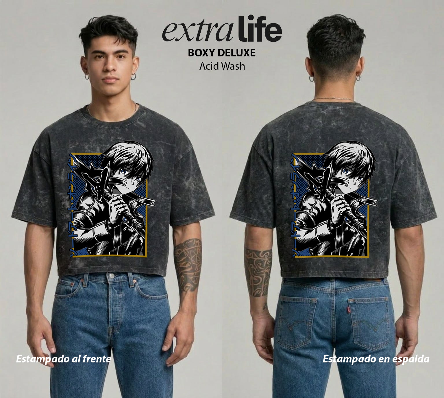 Playera streetwear premium de anime y gaming ExtraLife MX, corte boxy deluxe mineral wash heavyweight en color Acid Wash, moda urbana mexicana de culto.