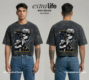 Playera streetwear premium de anime y gaming ExtraLife MX, corte boxy deluxe mineral wash heavyweight en color Acid Wash, moda urbana mexicana de culto.