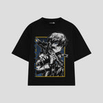 Playera streetwear premium de anime y gaming ExtraLife MX, corte boxy oversized drop shoulder heavyweight en color Deep Black y Off-White, moda urbana mexicana de culto.