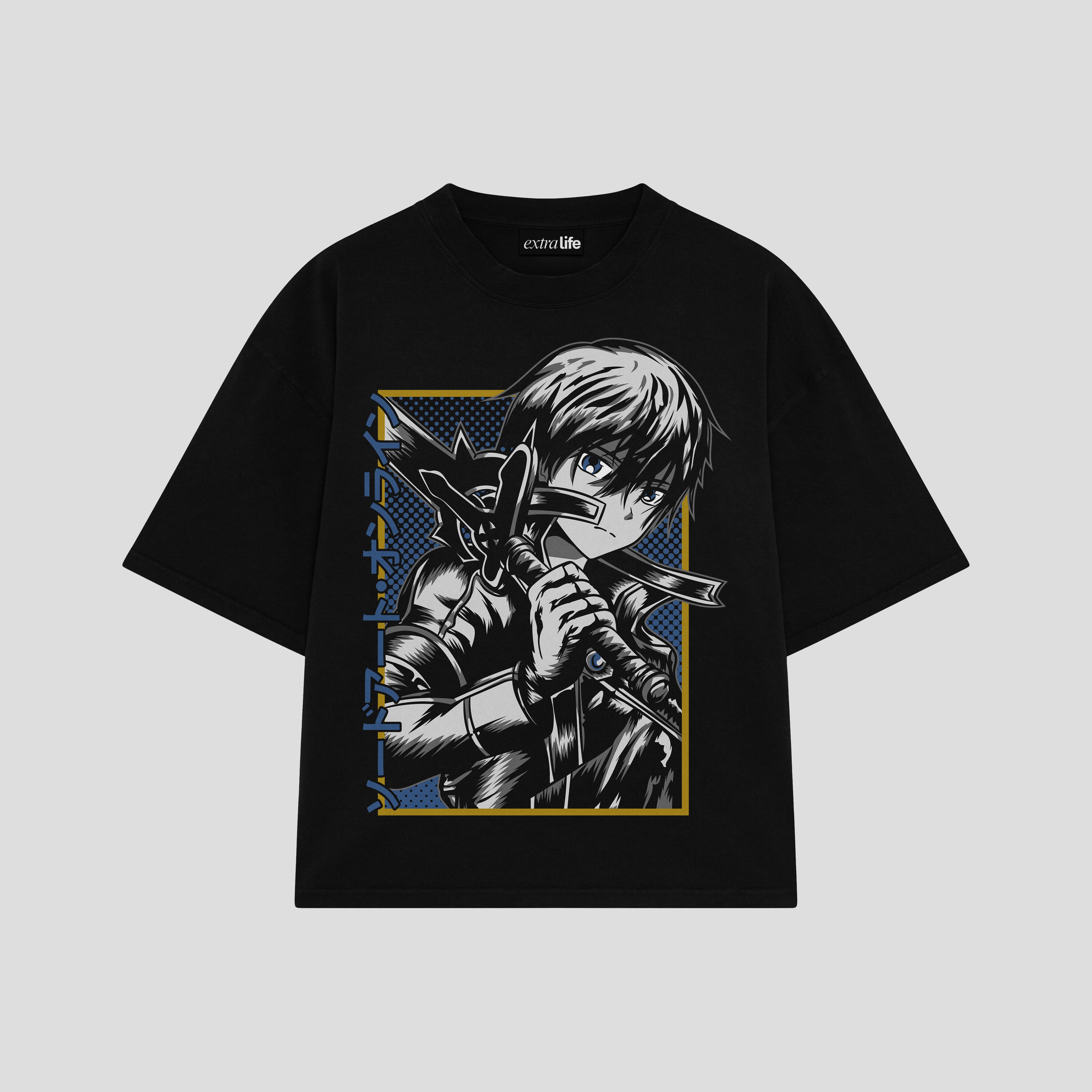 Playera streetwear premium de anime y gaming ExtraLife MX, corte boxy oversized drop shoulder heavyweight en color Deep Black y Off-White, moda urbana mexicana de culto.
