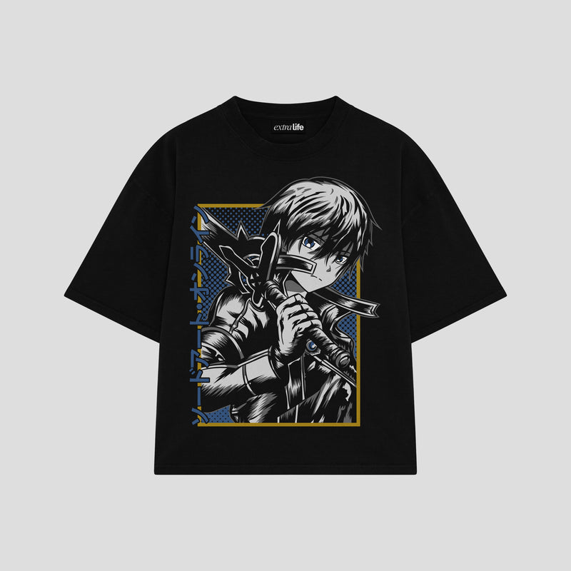 Playera streetwear premium de anime y gaming ExtraLife MX, corte boxy oversized drop shoulder heavyweight en color Deep Black y Off-White, moda urbana mexicana de culto.