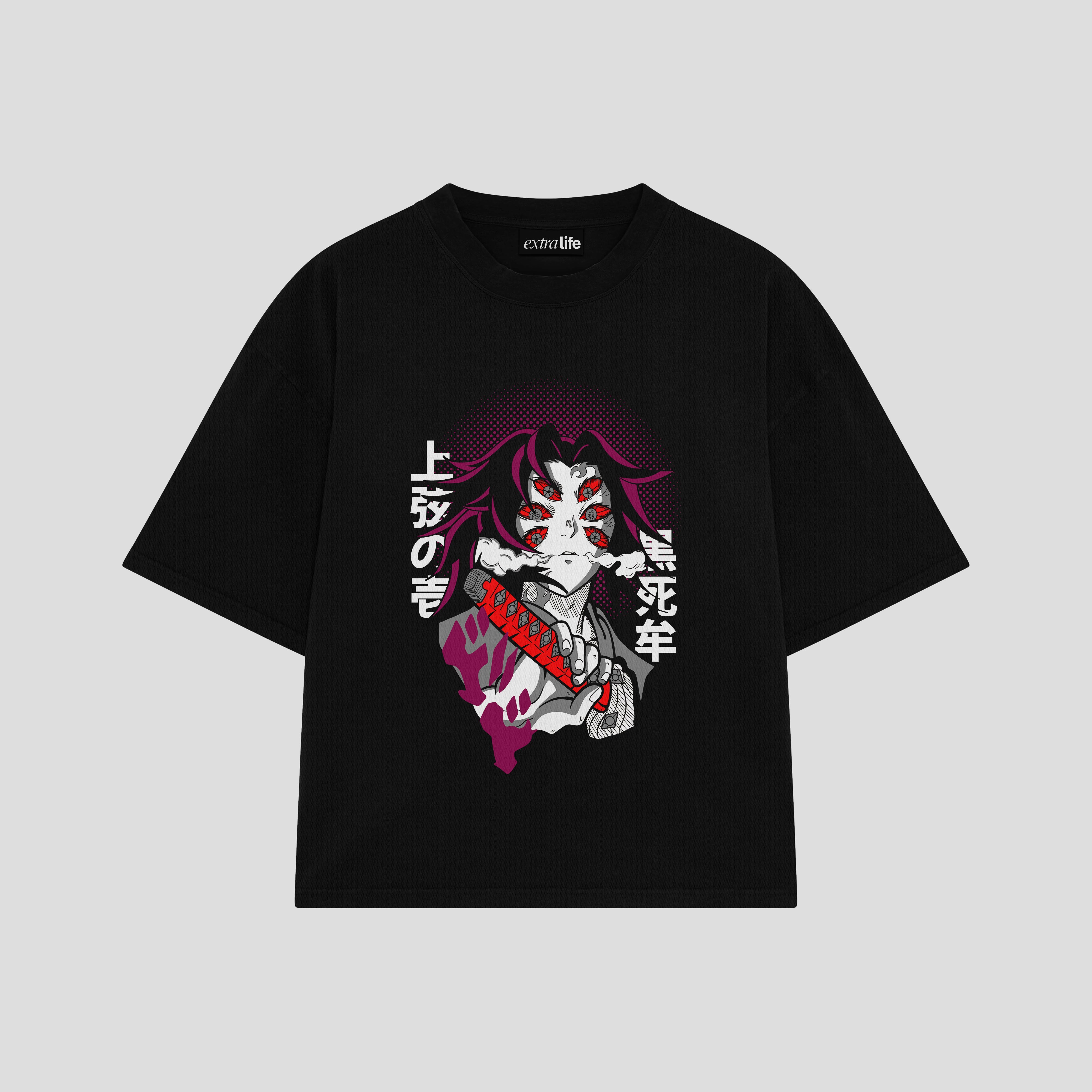 Playera streetwear premium de anime y gaming ExtraLife MX, corte boxy oversized drop shoulder heavyweight en color Deep Black y Off-White, moda urbana mexicana de culto.