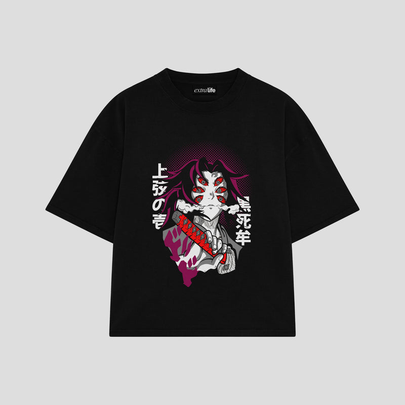 Playera streetwear premium de anime y gaming ExtraLife MX, corte boxy oversized drop shoulder heavyweight en color Deep Black y Off-White, moda urbana mexicana de culto.