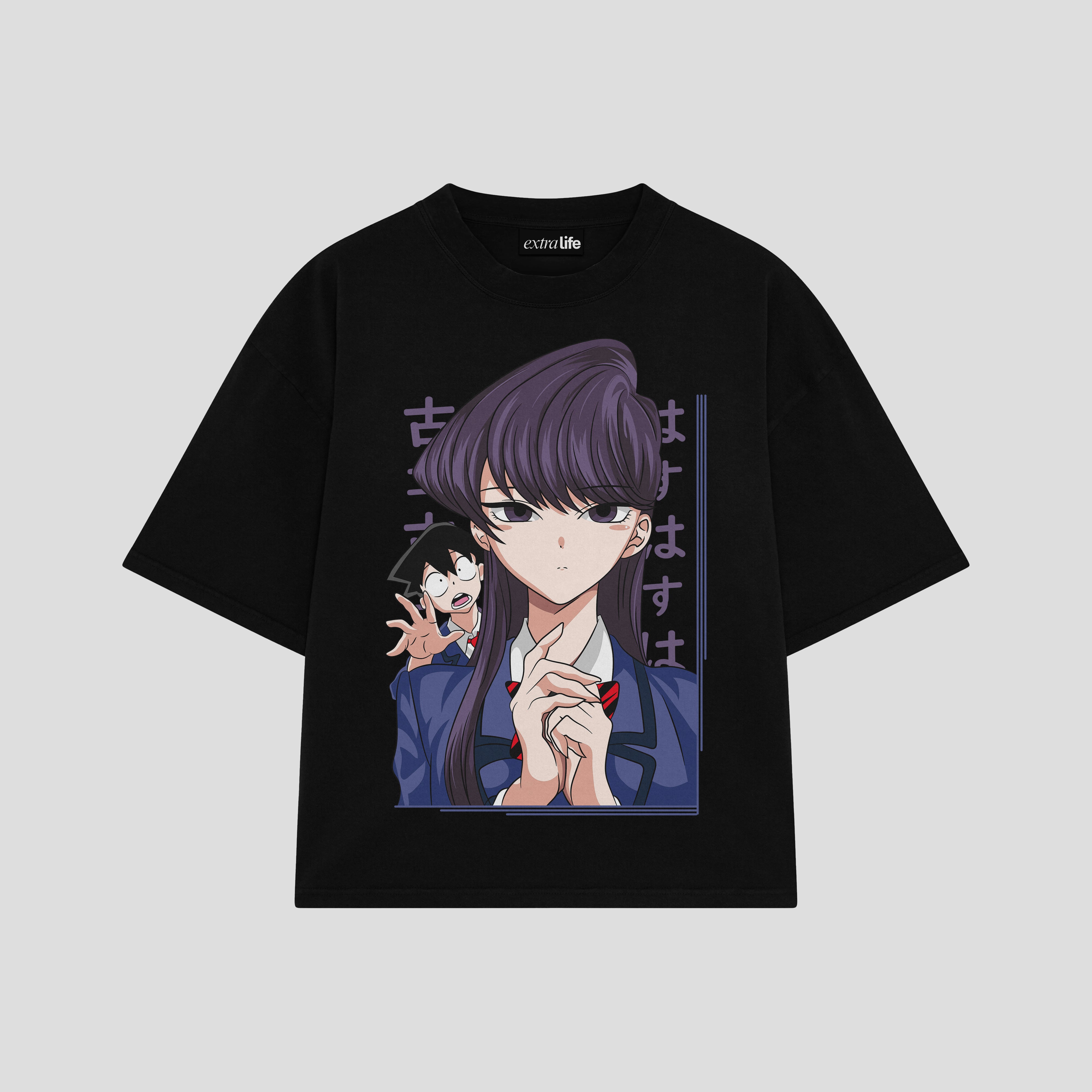 Playera streetwear premium de anime y gaming ExtraLife MX, corte boxy oversized drop shoulder heavyweight en color Deep Black y Off-White, moda urbana mexicana de culto.