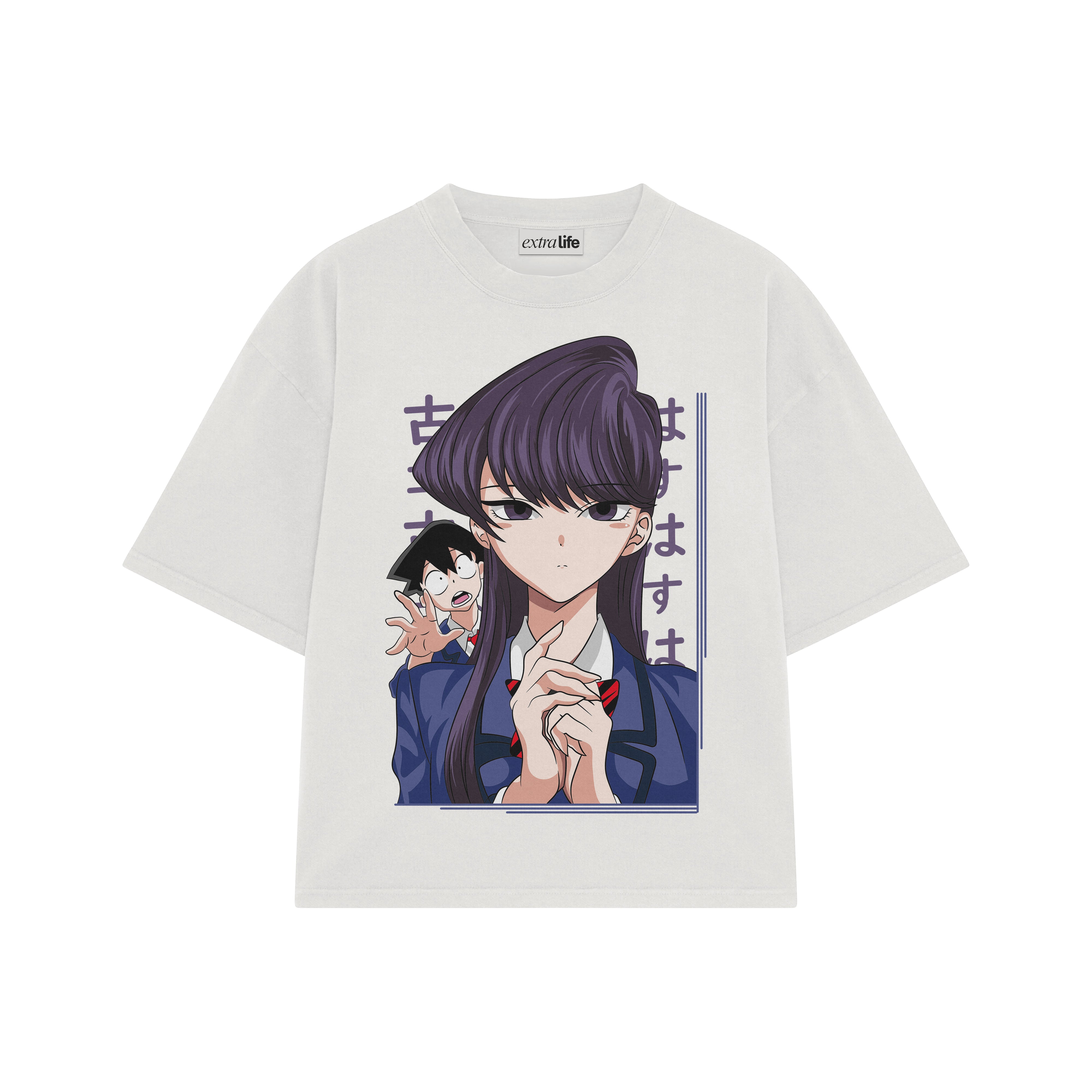 Playera streetwear premium de anime y gaming ExtraLife MX, corte boxy oversized drop shoulder heavyweight en color Deep Black y Off-White, moda urbana mexicana de culto.
