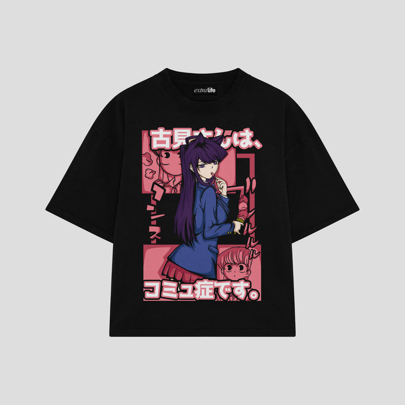 Playera streetwear premium de anime y gaming ExtraLife MX, corte boxy oversized drop shoulder heavyweight en color Deep Black y Off-White, moda urbana mexicana de culto.