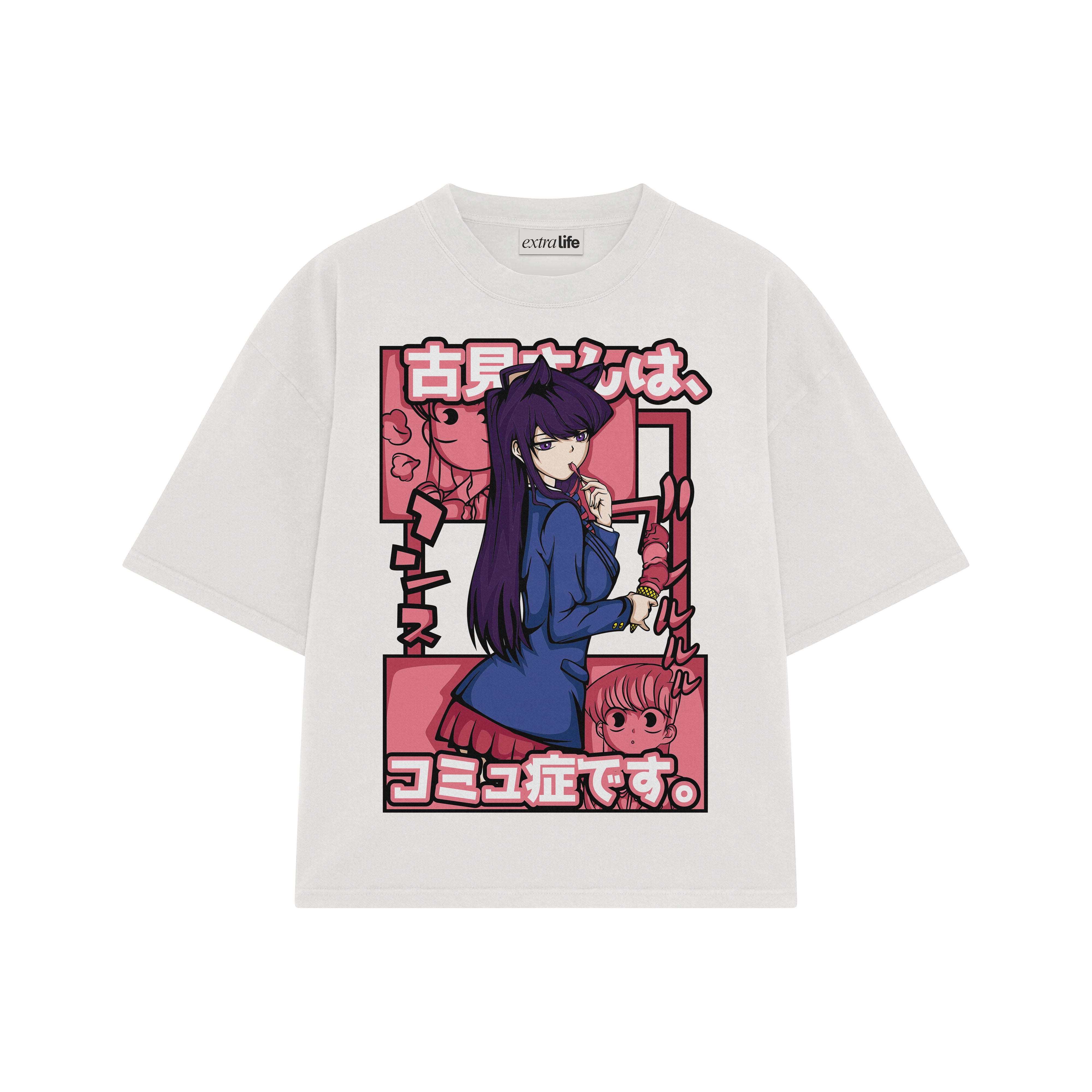 Playera streetwear premium de anime y gaming ExtraLife MX, corte boxy oversized drop shoulder heavyweight en color Deep Black y Off-White, moda urbana mexicana de culto.