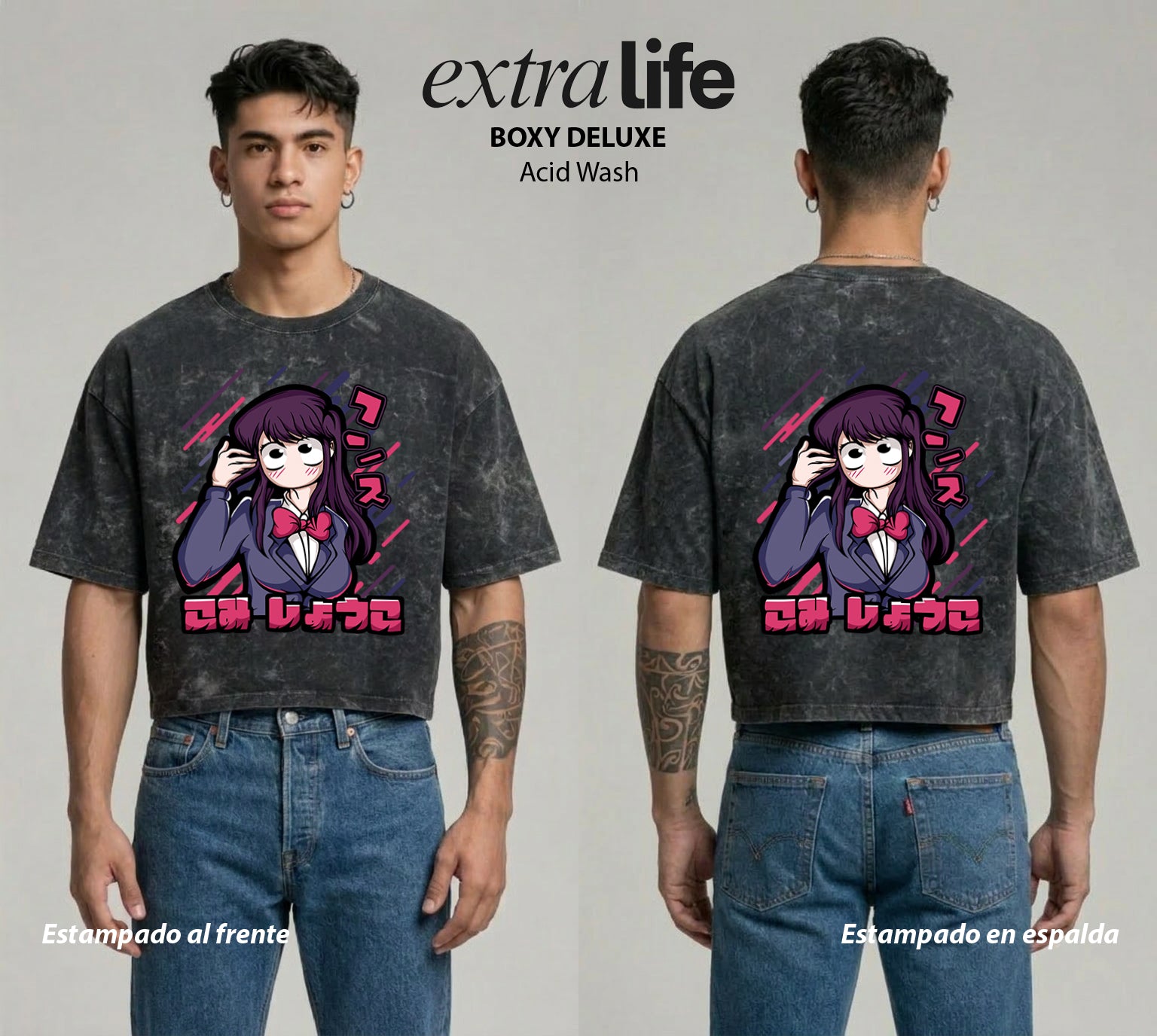Playera streetwear premium de anime y gaming ExtraLife MX, corte boxy deluxe mineral wash heavyweight en color Acid Wash, moda urbana mexicana de culto.