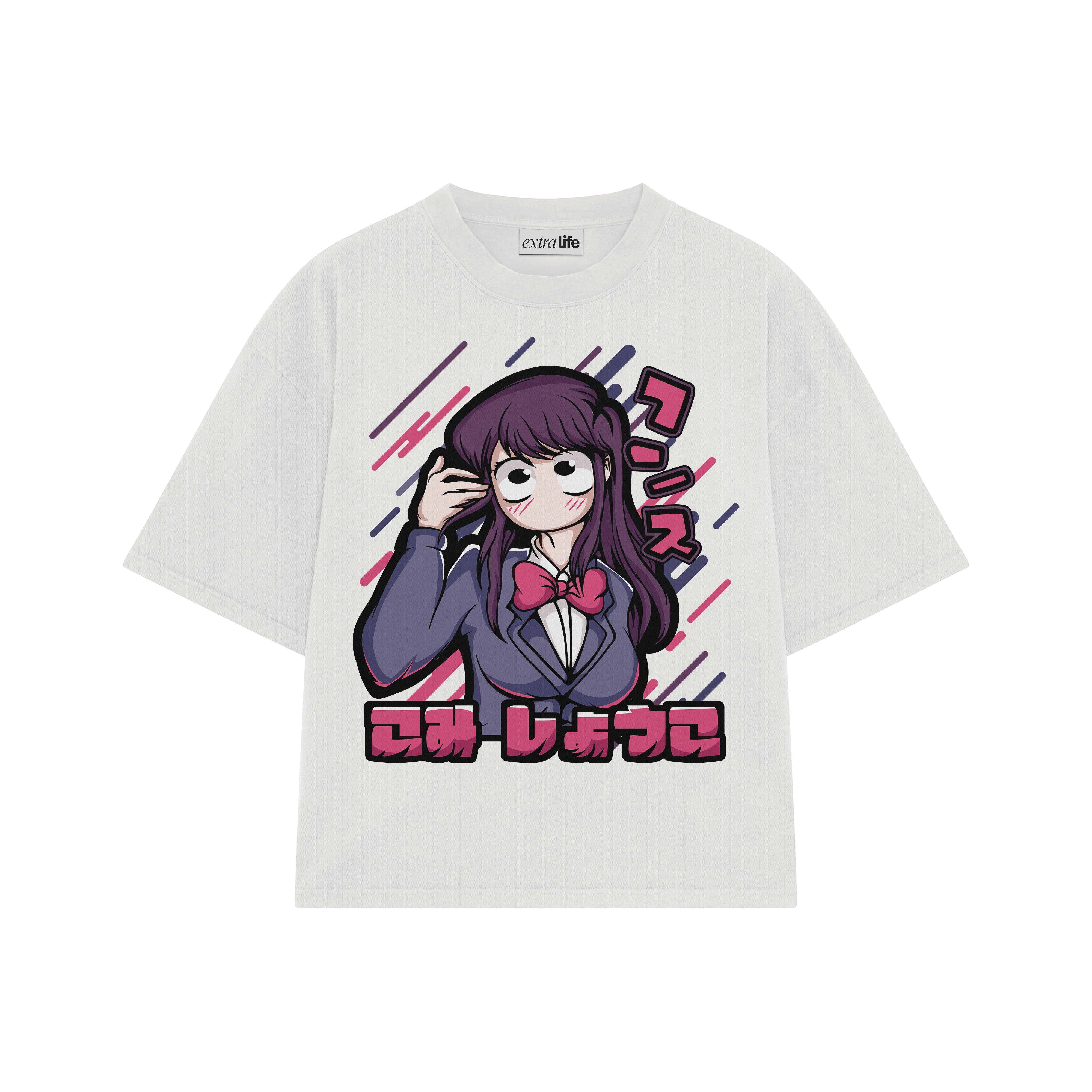 Playera streetwear premium de anime y gaming ExtraLife MX, corte boxy oversized drop shoulder heavyweight en color Deep Black y Off-White, moda urbana mexicana de culto.