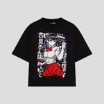 Playera streetwear premium de anime y gaming ExtraLife MX, corte boxy oversized drop shoulder heavyweight en color Deep Black y Off-White, moda urbana mexicana de culto.