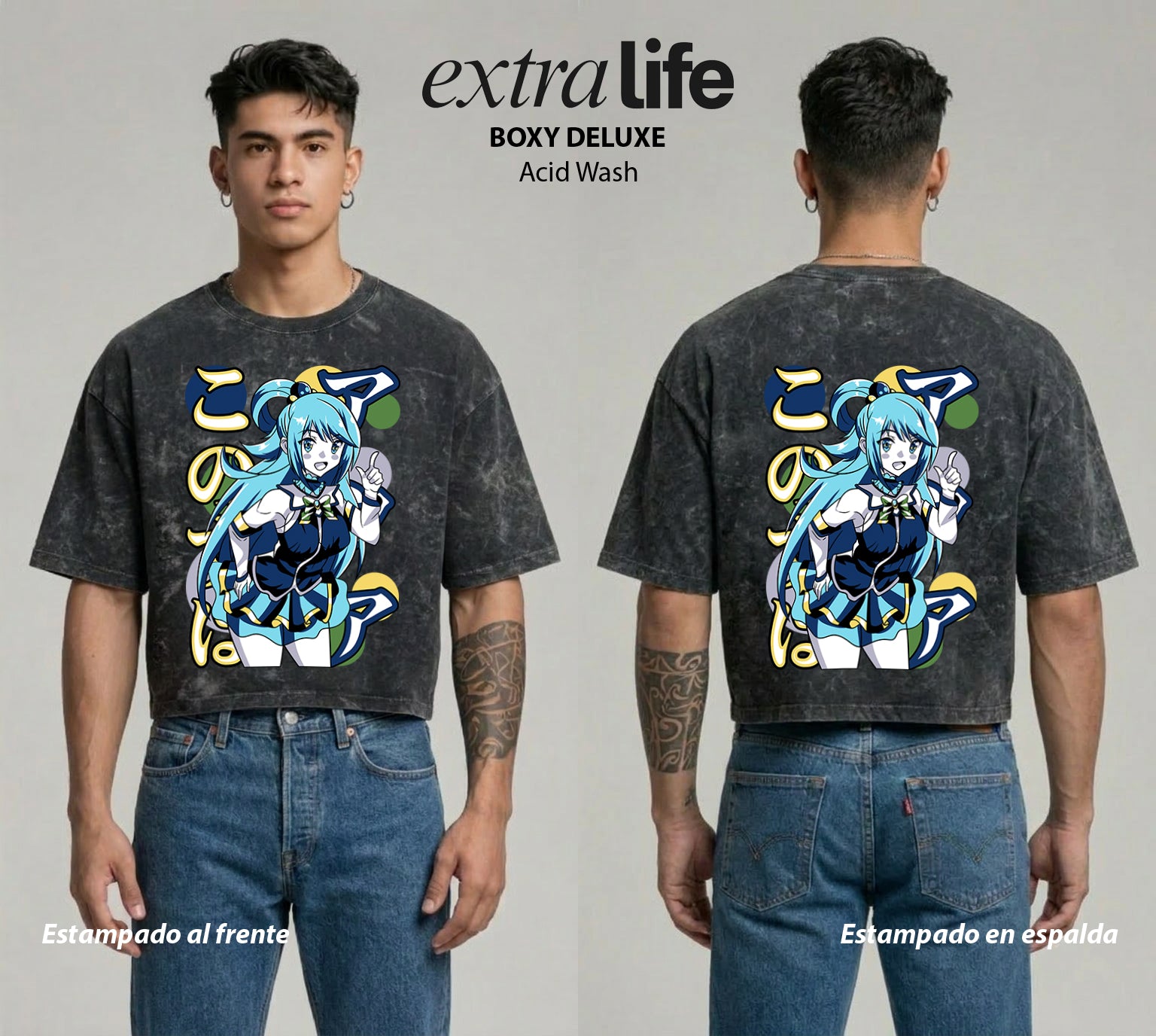 Playera streetwear premium de anime y gaming ExtraLife MX, corte boxy deluxe mineral wash heavyweight en color Acid Wash, moda urbana mexicana de culto.