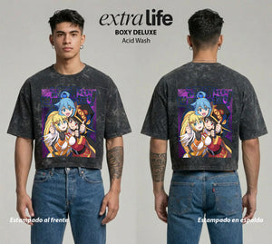 Playera streetwear premium de anime y gaming ExtraLife MX, corte boxy deluxe mineral wash heavyweight en color Acid Wash, moda urbana mexicana de culto.