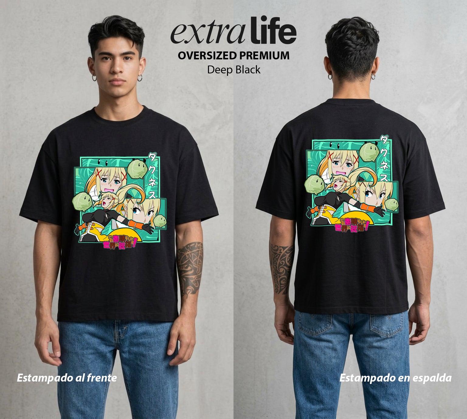 La Otra Vida del Heroe | La Masoquista del Bien #02122 - Playera Oversized Premium | Deep Black - Foto en modelo
