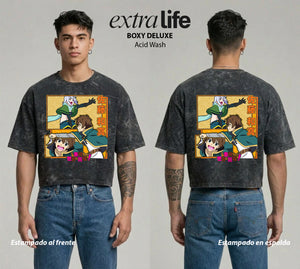 Playera streetwear premium de anime y gaming ExtraLife MX, corte boxy deluxe mineral wash heavyweight en color Acid Wash, moda urbana mexicana de culto.