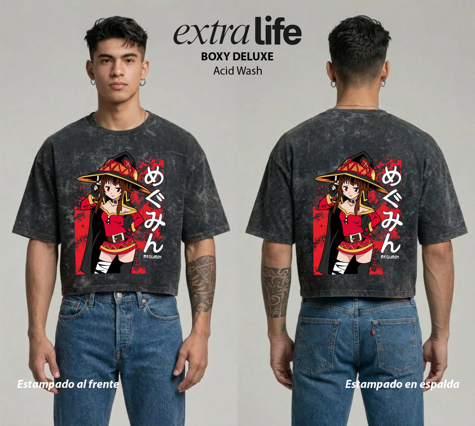 Playera streetwear premium de anime y gaming ExtraLife MX, corte boxy deluxe mineral wash heavyweight en color Acid Wash, moda urbana mexicana de culto.