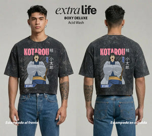 Playera streetwear premium de anime y gaming ExtraLife MX, corte boxy deluxe mineral wash heavyweight en color Acid Wash, moda urbana mexicana de culto.