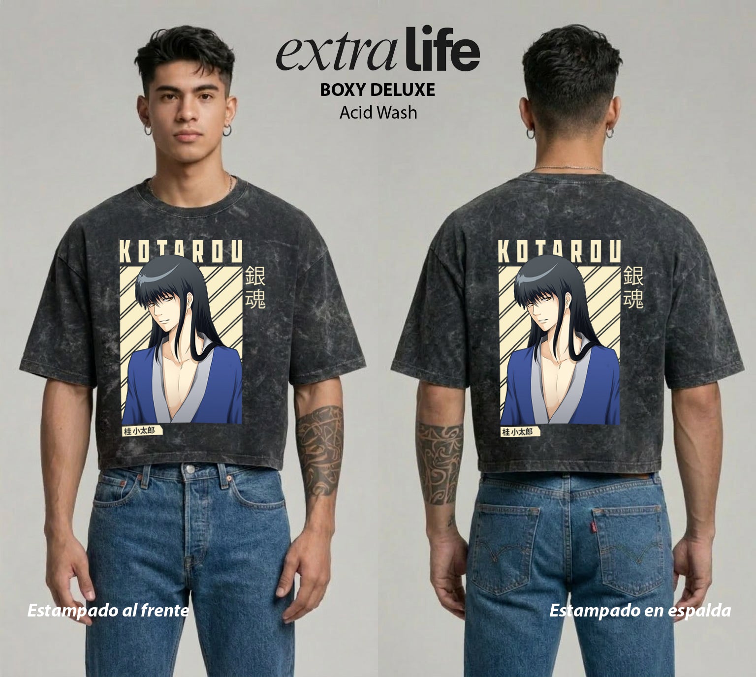 Playera streetwear premium de anime y gaming ExtraLife MX, corte boxy deluxe mineral wash heavyweight en color Acid Wash, moda urbana mexicana de culto.
