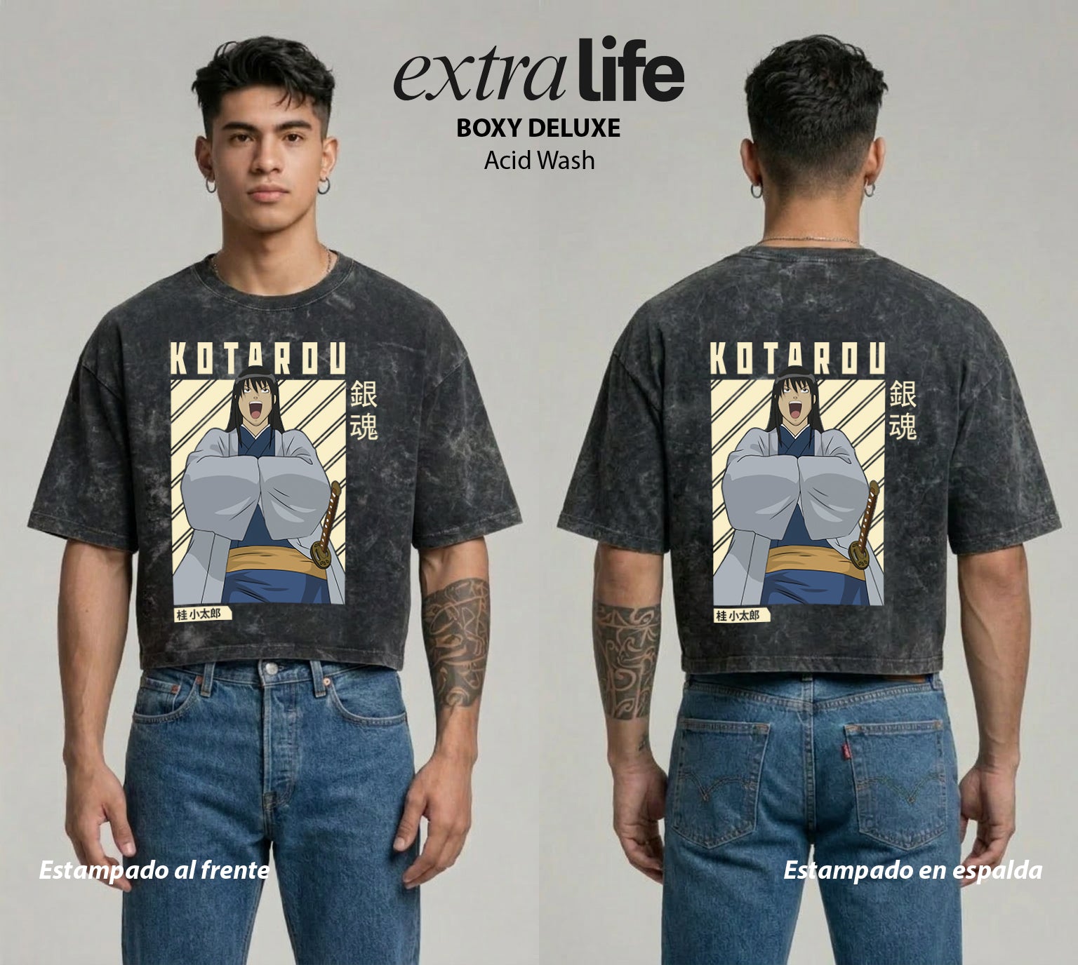Playera streetwear premium de anime y gaming ExtraLife MX, corte boxy deluxe mineral wash heavyweight en color Acid Wash, moda urbana mexicana de culto.